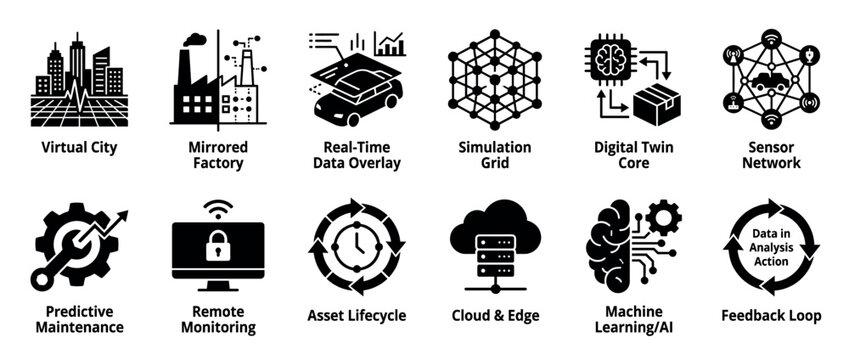 Collection of black glyph icons representing digital twin technology concepts, including virtual city, mirrored factory, simulation grid, and predictive maintenance for Industry 4.0