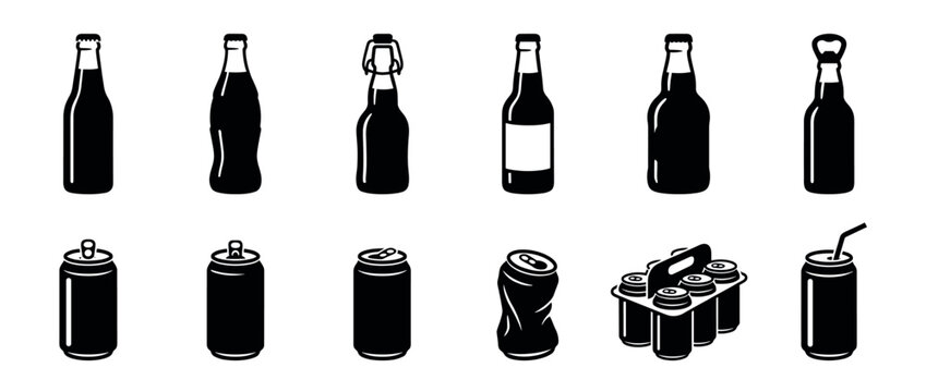 Collection of black silhouette beverage icons featuring different types of glass bottles and aluminum cans, including a six-pack and a crumpled can, in a simple vector style