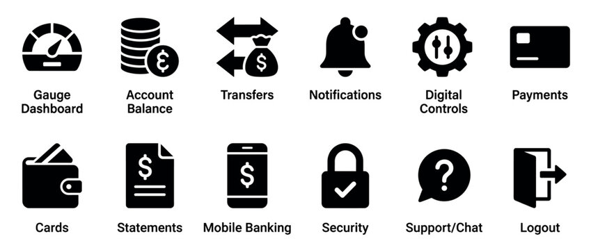 Collection of black glyph icons for banking and finance applications, including symbols for dashboard, balance, transfers, payments, security, and mobile banking features