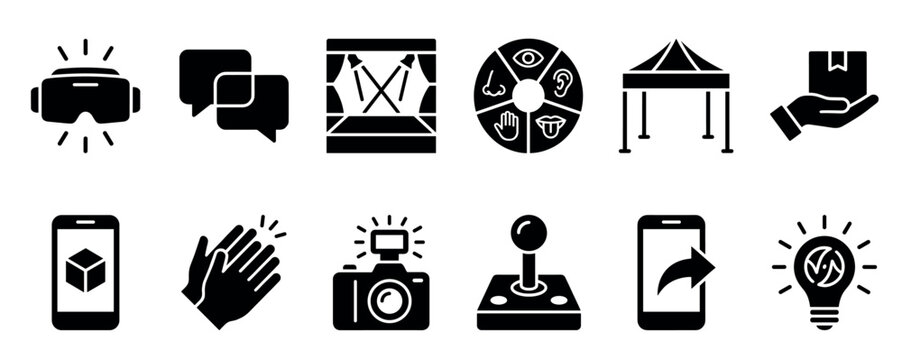 Set of black glyph icons representing event management, virtual reality, gaming, and technology, including sensory experience, photography, and mobile application symbols