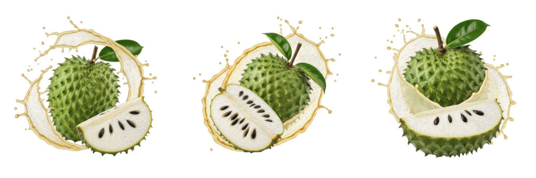 Fresh soursop fruit with juice splash explosion isolated on white background, high speed liquid splash photography, soursop juice concept for beverages and packaging, Annona muricata PNG