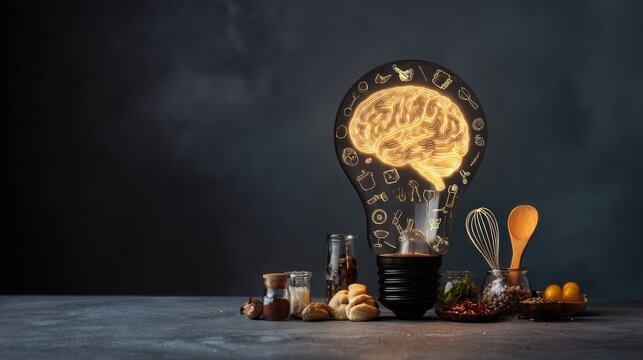 light bulb with icons of a human brain, cooking utensils, and food ingredients