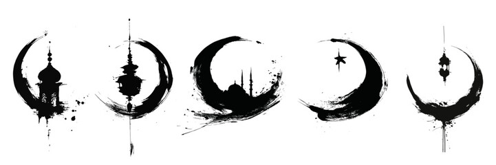 Islamic crescent moon and lantern silhouettes created with minimalist black ink brush strokes for ramadan