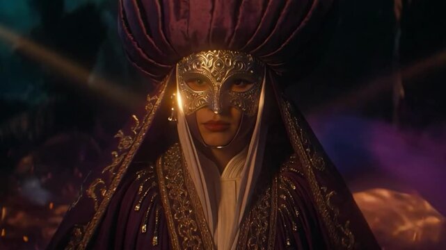 Mysterious masked figure in opulent purple and gold costume emerges through ethereal fabric for magic and ancient power concept in a dramatic setting