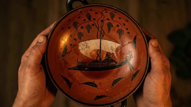 Cinematic recreation inspired by black-figure Greek kylix with ship motif