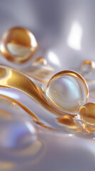Organic gold liquid form with oil-like iridescence, ultra-realistic 3D render.