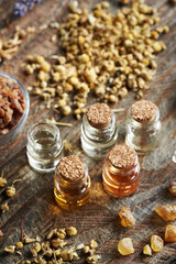 Selection of essential oils in glass bottles with frankincense, myrrh and dried herbs
