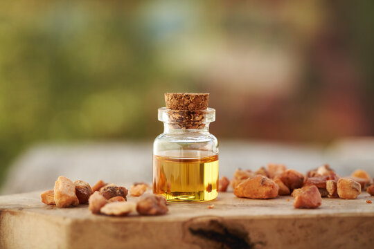 A bottle of aromatherapy essential oil with styrax benzoin resin