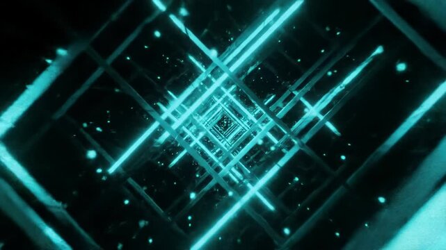 Glowing cyan and teal vector lines form an evolving 3D abstract tunnel with drifting energy particles against a black void. Slow dolly-in loop, high-tech digital progress concept.