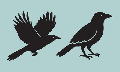 Fototapeta premium Pair of crow vector silhouettes, one flying with spread wings and one standing perched, on a light blue background