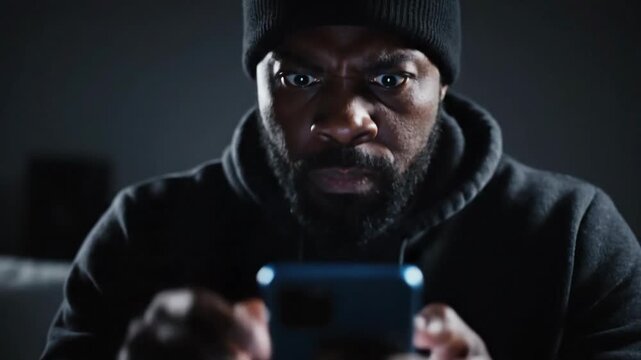 Angry man with beard wearing beanie and hoodie looking at phone with rage