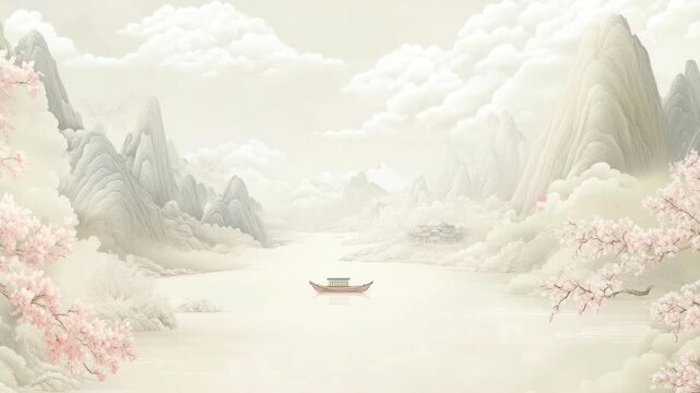 A serene, pastel-toned landscape with cherry blossoms and mountains. Aerial view captures a lone boat on a tranquil river, evoking a dreamlike video scene. Live desktop wallpaper.