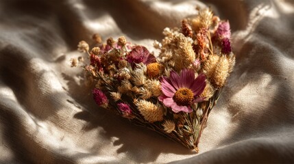 A heart-shaped arrangement of dried flowers on soft beige linen fabric, illuminated by warm golden light, evoking a natural and romantic atmosphere.