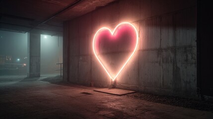 A glowing neon heart light installation on a dark concrete wall, emitting a warm romantic glow in a foggy urban setting.