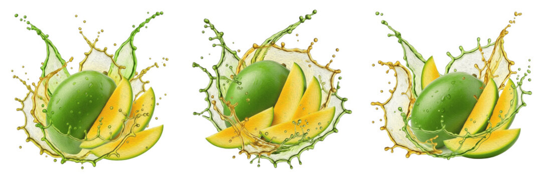 Fresh green mango with mango slices and tropical juice splash explosion isolated on white background, high speed liquid splash photography, green mango juice concept for beverages and packaging, Mangi