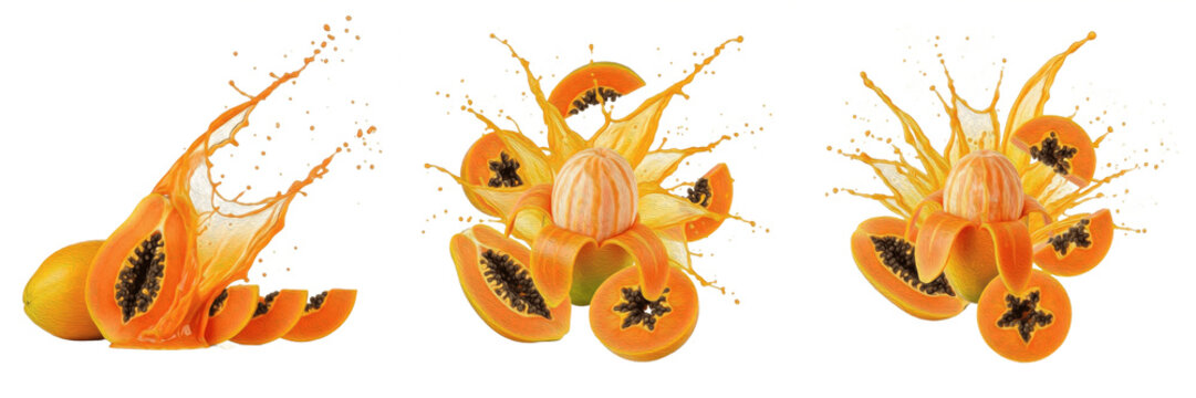 Fresh papaya with papaya slices and tropical juice splash explosion isolated on white background, high speed liquid splash photography, papaya juice concept for smoothies and beverages, Carica papaya 