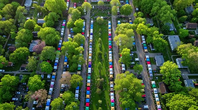 Aerial view of outdoor market or festival lined with tents amidst lush green trees and suburban homes