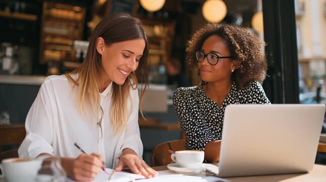 Two diverse women collaborating with a laptop and notes in a bright cafe setting