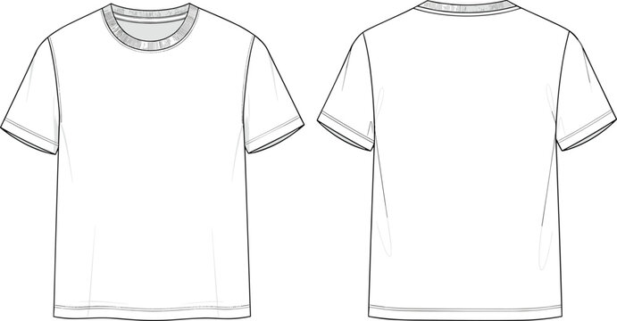 T‑shirt technical flat sketch front and back view with crew neckline, short sleeves, ribbed hem, apparel fashion design vector illustration