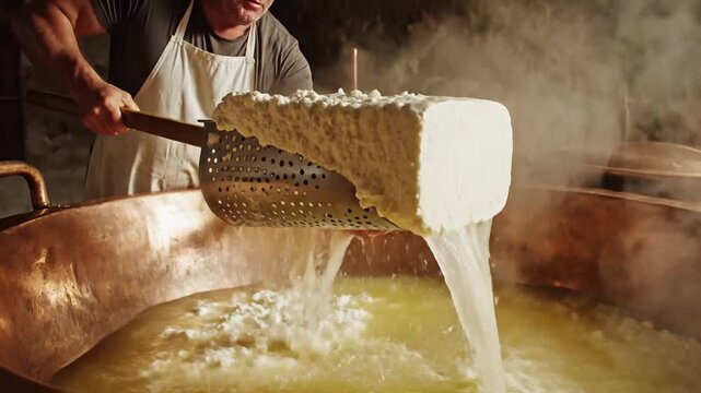 Artisan cheese making: curds being scooped from a copper vat during production