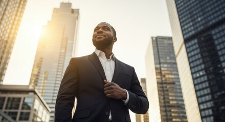 Fototapeta premium Confident businessman standing in front of city skyscrapers during sunrise.