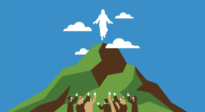 Ascension of Jesus rising above mountain with disciples below, Christian faith scene with clouds and sky, biblical event concept for church celebrations, worship posters and ministry graphics.