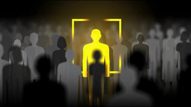 Highlighting One Figure in a Crowd of Grey Silhouettes Using Bright Color and Framing to Draw Focus in a Dark Space