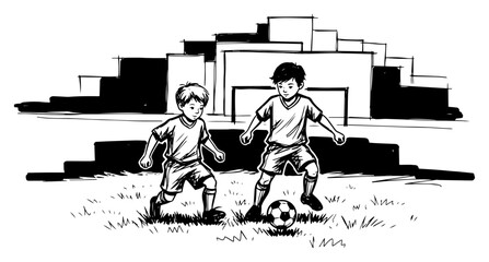 Children playing soccer in park neighborhood field hand drawn line art vector illustration