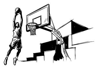 Basketball player performing slam dunk at outdoor hoop hand drawn line art vector illustration © Mago