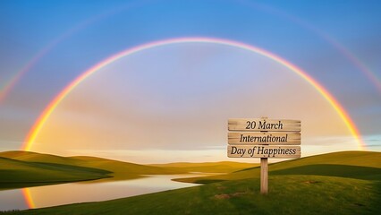 Beautiful double rainbow arching over serene green hills and a calm lake on international day of happiness celebrated on 20 march worldwide every year