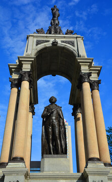 MONTREAL QUEBEC CANADA 04 16 2020: This monument in memory of John A. Macdonald was unveiled by Earl of Aberdeen, Governor General of Canada.  is the work of English sculptor George Edward Wade