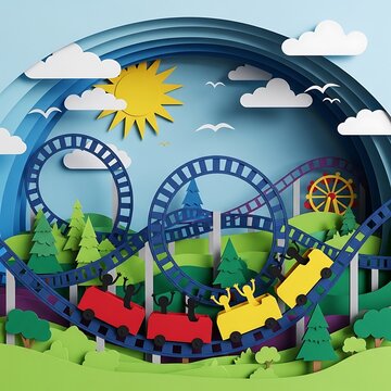 Colorful Roller Coaster Landscape Paper Art.