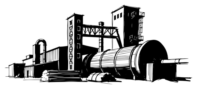 Sawmill factory with log debarker and wood processing plant hand drawn line art vector illustration