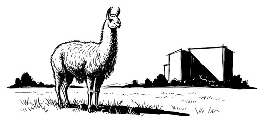 Llama Standing on Pasture Farm Animal Rural Landscape Black and White Vector Illustration © Mago