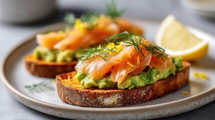 Smoked salmon toast with creamy mashed avocado, fresh dill, and lemon zest on toasted bread