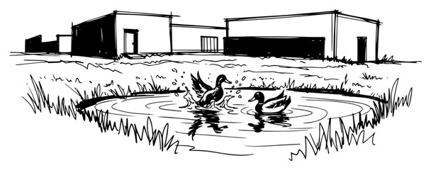 Ducks Splashing In Farm Pond Near Barns Hand Drawn Black and White Vector Illustration © Mago