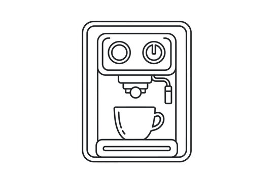 A line drawing of a coffee maker with a cup under the spout