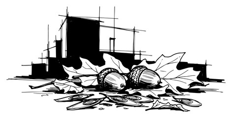Autumn Acorns and Fallen Oak Leaves on Ground Seasonal Black and White Vector Illustration © Mago