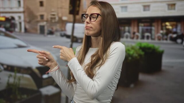 Woman on a city street wearing glasses and a white long sleeve top pointing both index fingers to the right with a shrugging shoulder and slight smirk near parked cars and planters; skepticism.