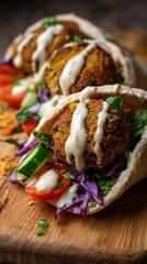Falafel pita sandwiches with tahini sauce and fresh vegetables on rustic wooden board