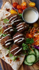 Falafel platter with pita, tahini sauce and fresh vegetable salad