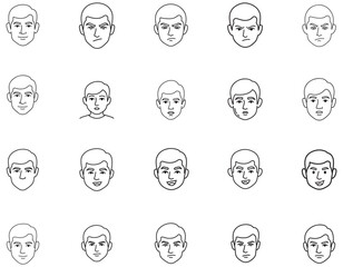 Collection of Male Faces Showing Diverse Emotions and Expressions in Outline Style