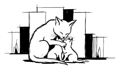 Mother cat grooming kitten affectionate lick cuddle hand drawn line art vector illustration