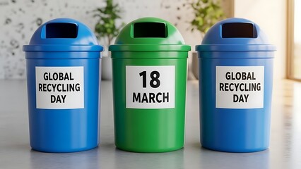 Obraz premium Three recycling bins labeled global recycling day on 18 march promoting environmental awareness and sustainability efforts worldwide on a table