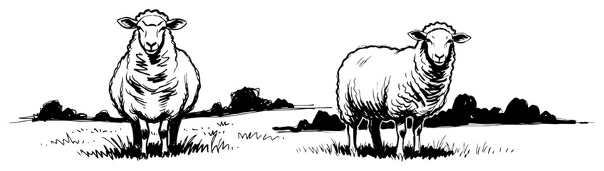 Two Sheep Standing On Pasture Rural Countryside Hand Drawn Black and White Vector Illustration