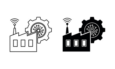 Obraz premium Factory building with gear and wireless signal icon in black and white on a for industrial and technology concepts