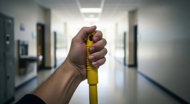 Cleaning hallway with person holding yellow mop handle, empty school corridor stretching into distance. Cleaning hallway features fluorescent lighting, symbolizing diligent facility maintenance.
