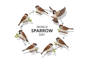 Fototapeta premium World Sparrow Day Birds in flight and perched on branches with leaves