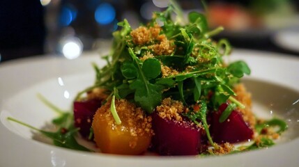 Gourmet beet salad with arugula and breadcrumb topping