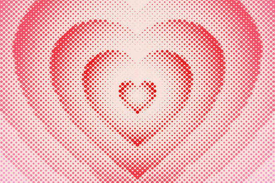 Heart background. Background with hearts in comic style. Pink heart symbol romantic love. Red pattern hearth. Concentric tunnel. Aesthetic geometric retro design. Simple groovy gradient. Vector illust